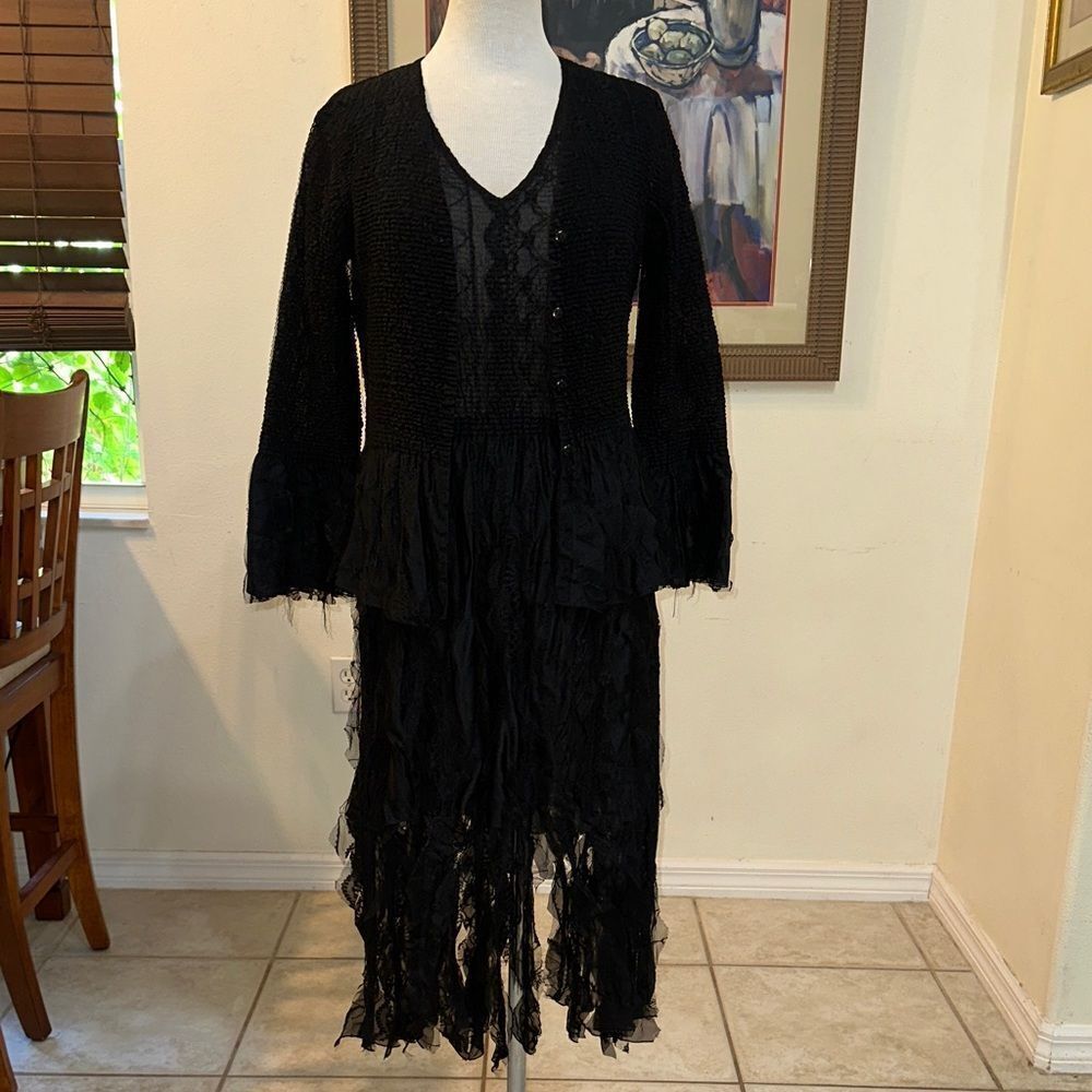 Fluer du Mal 2 PC Black Lace Fringe Gauze Dress w/Matching Jacket Size LRG